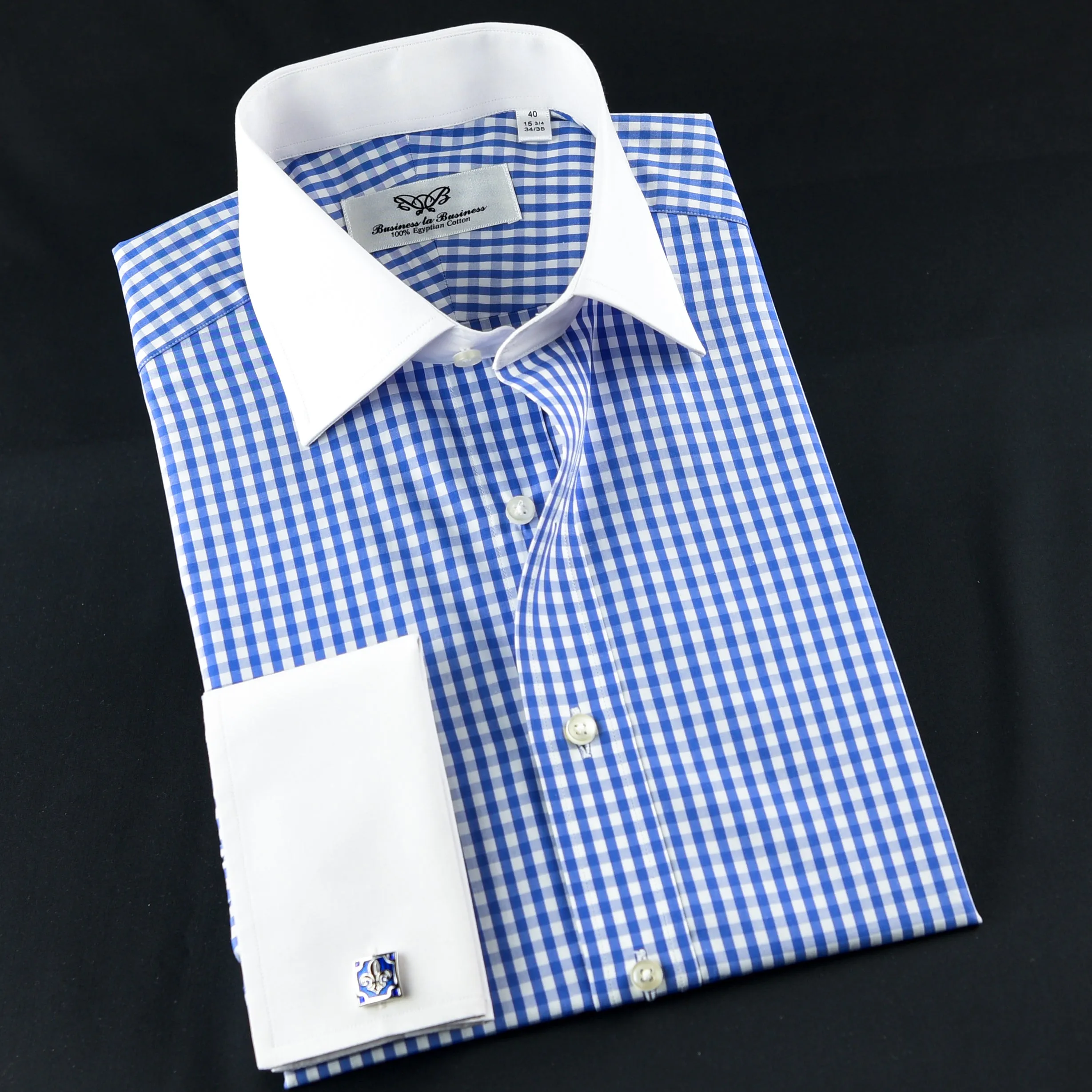 Serene Blue Checkered White Contrast Cuff Formal Business Button Down Dress Shirt