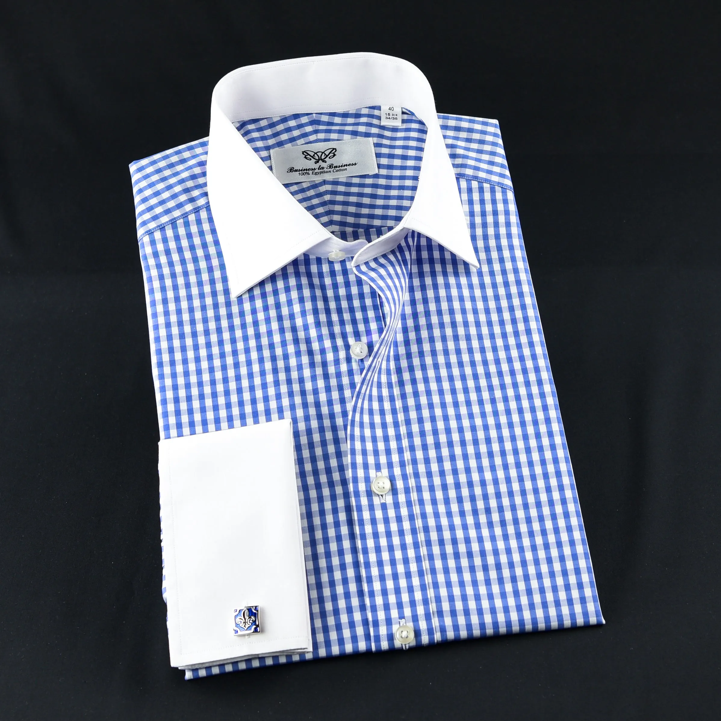 Serene Blue Checkered White Contrast Cuff Formal Business Button Down Dress Shirt