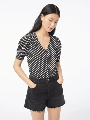 Shirred V Short Sleeve Top -- Noir Multi