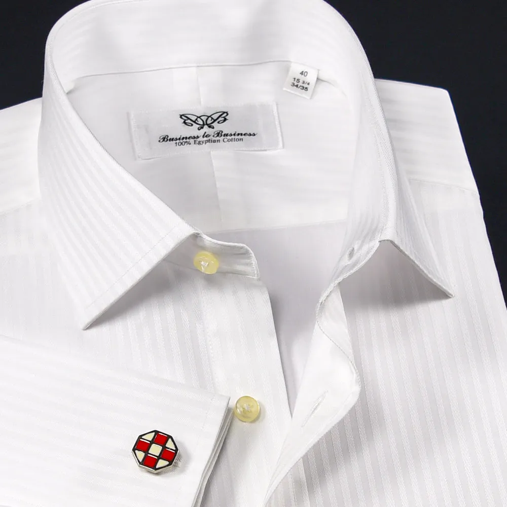 White Twill Formal Dress Shirt Sexy Business Apparel Reverse Fade Striped Style in French Cuffs with Spread Collar