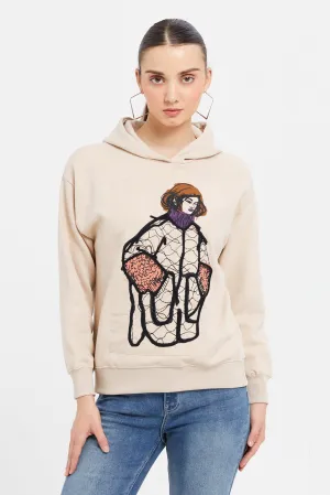 Women Beige Printed Hooded Sweatshirt