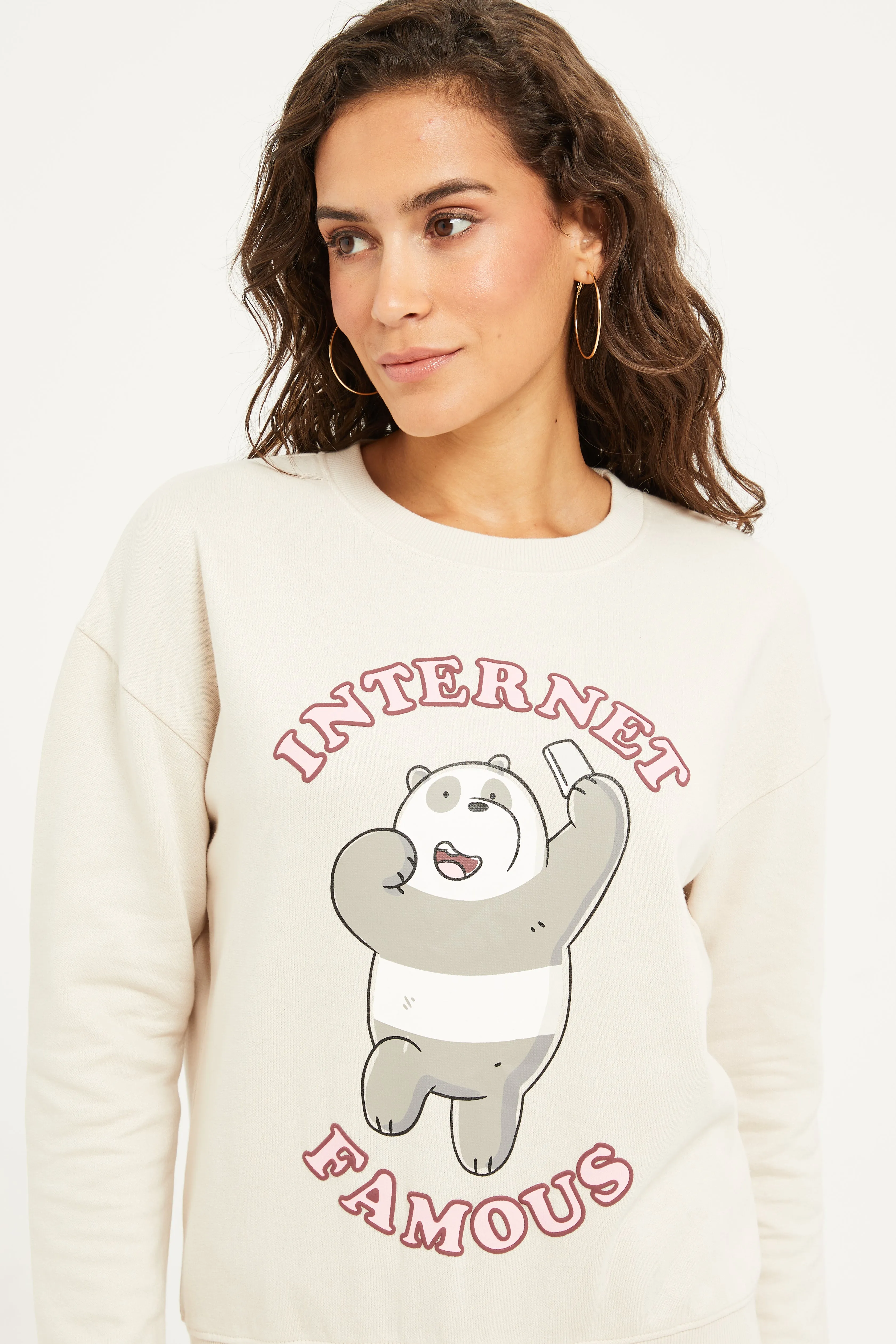 Women Cream Bear Printed Sweatshirt