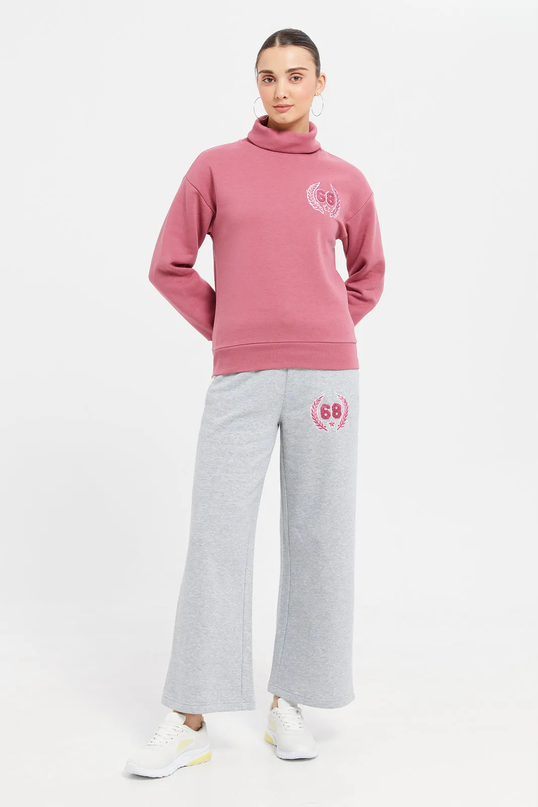 Women Pink High Embroidery Neck Sweatshirt