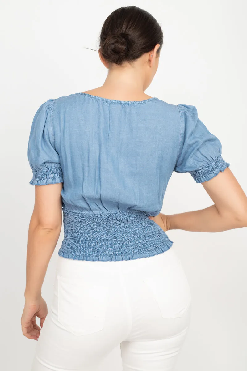 Women's Puff Sleeve Sweetheart Denim Top