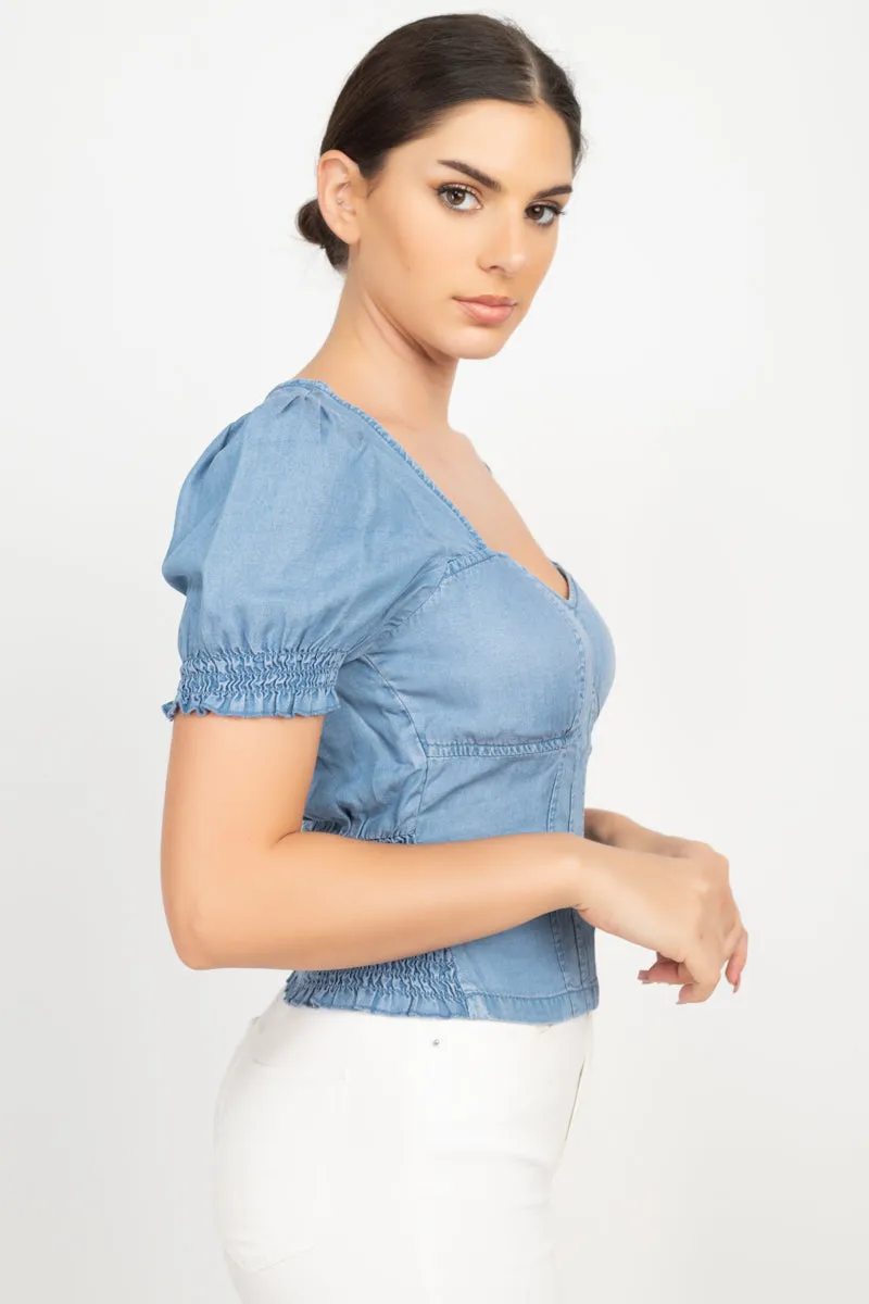 Women's Puff Sleeve Sweetheart Denim Top