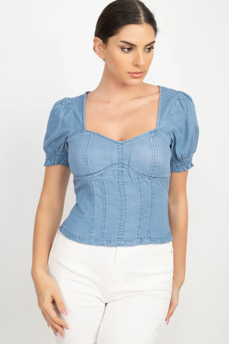 Women's Puff Sleeve Sweetheart Denim Top