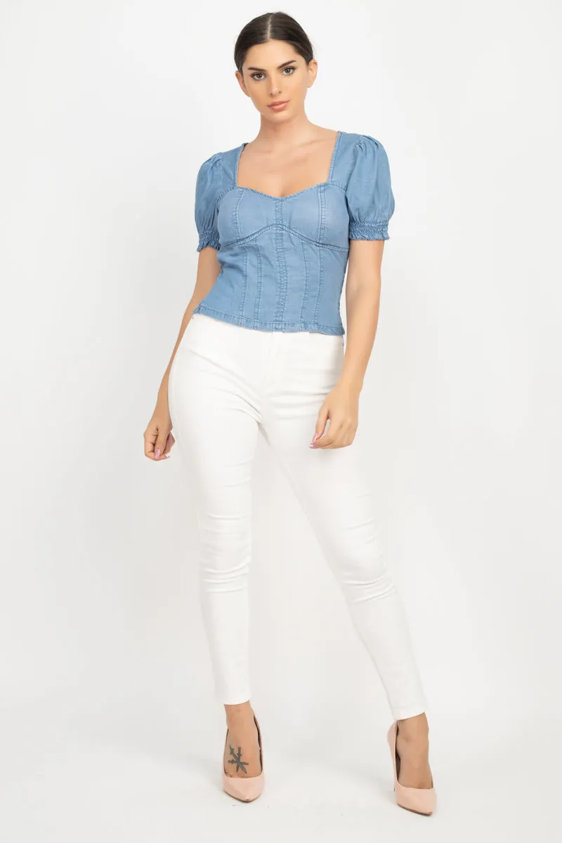 Women's Puff Sleeve Sweetheart Denim Top